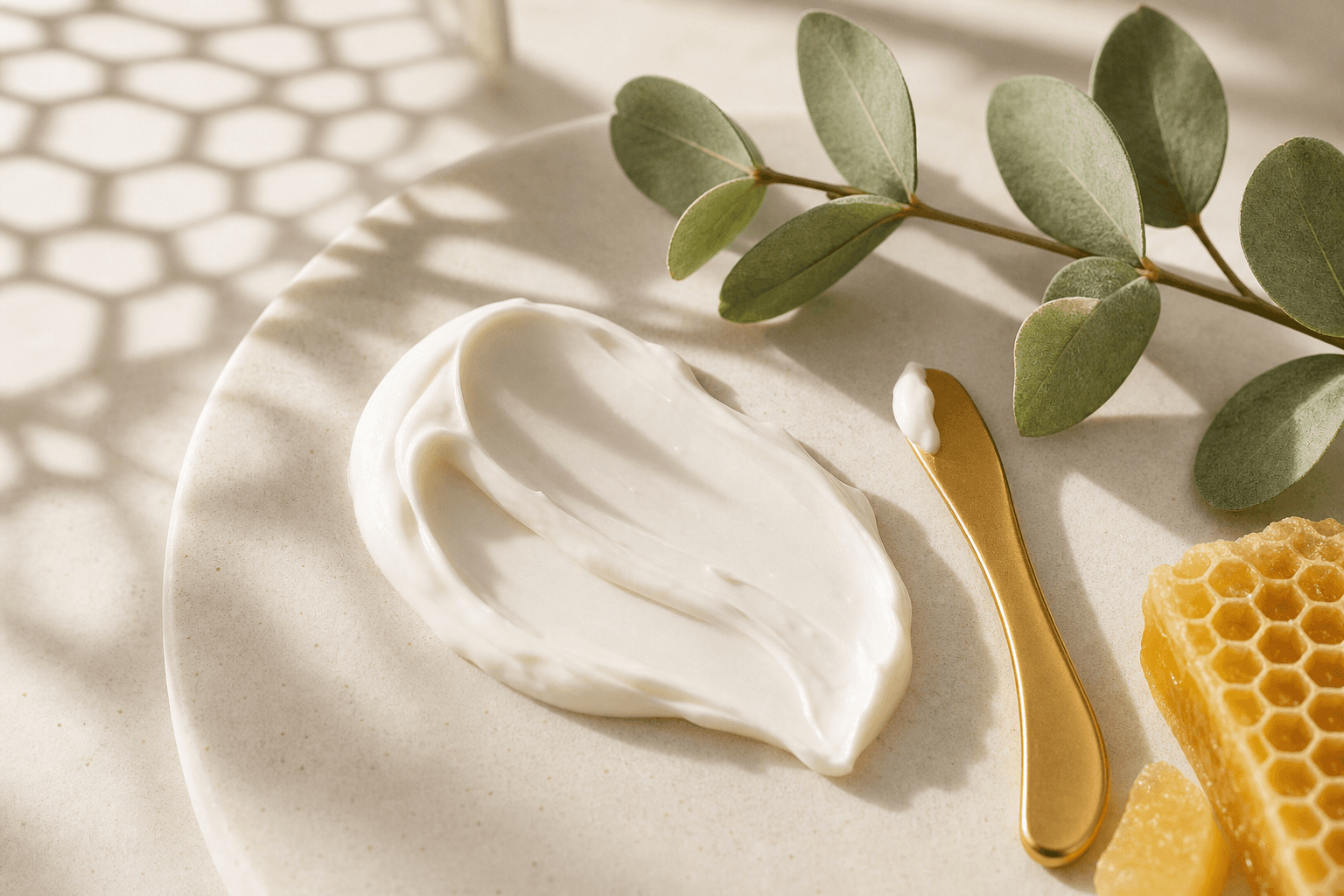White skincare cream texture with a gold spatula and botanical accents