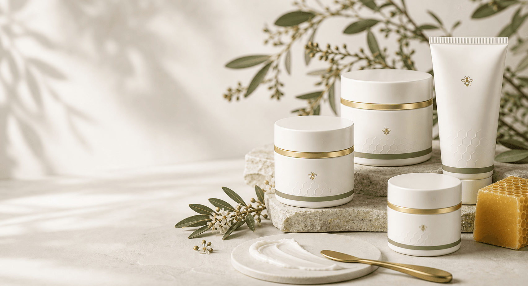 Cream jars with honey gold and muted green accents for de la Ruche skincare