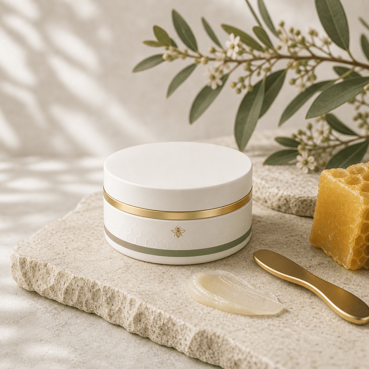 Compact ivory Hive Balm pot with beeswax and gold cosmetic spatula