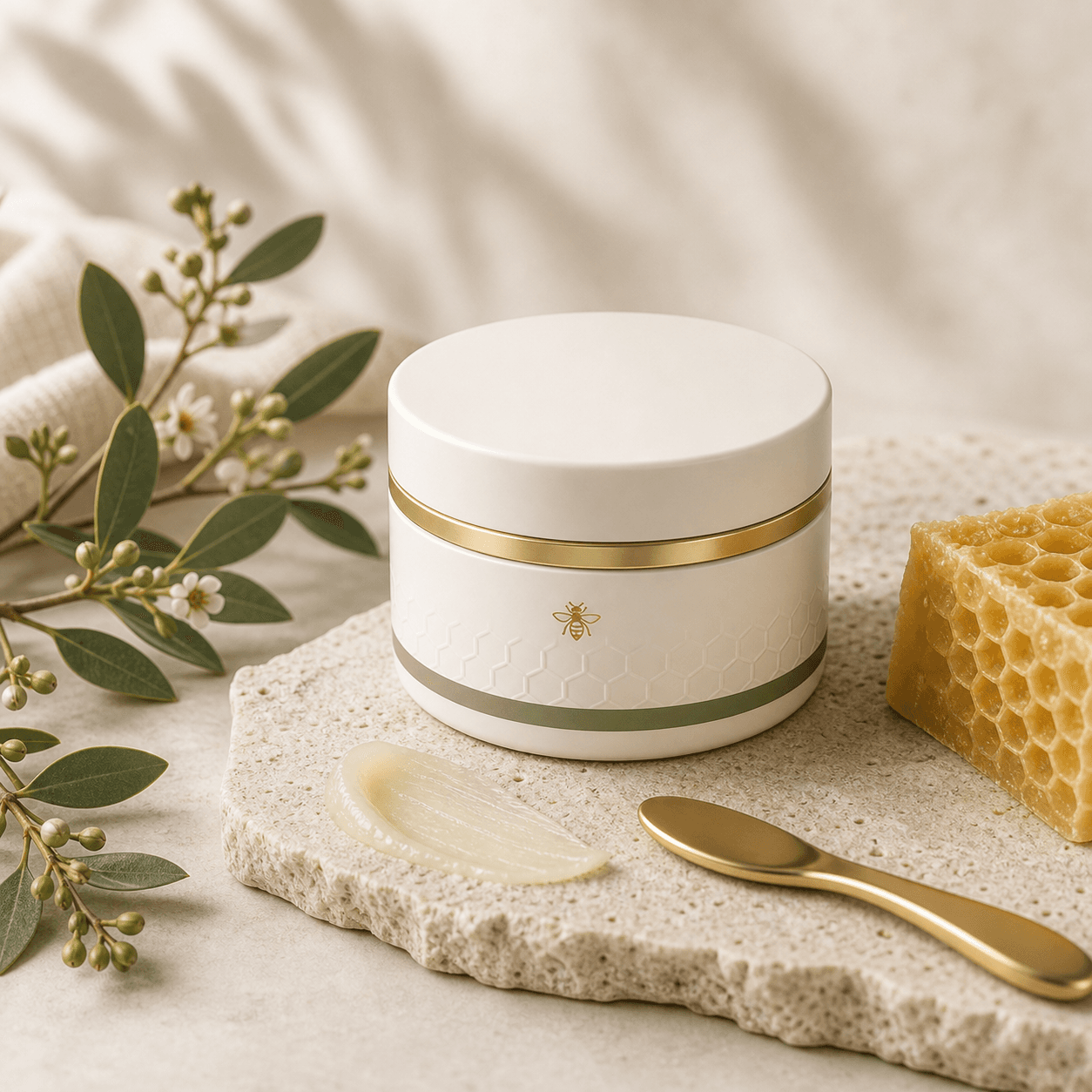Ivory Honey Cream jar with sage green and gold accents on warm stone