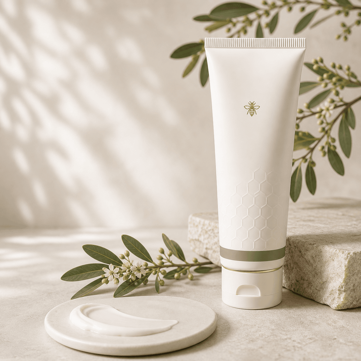 Tall ivory Nectar Body Cream tube with sage green and gold accents