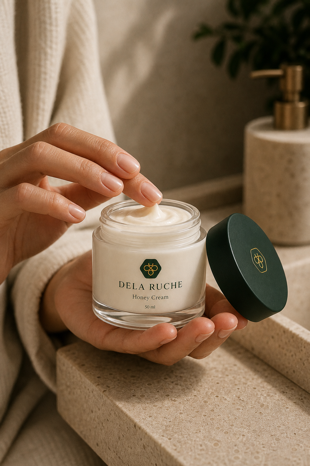 DELA RUCHE Honey Cream held in hands during skincare ritual
