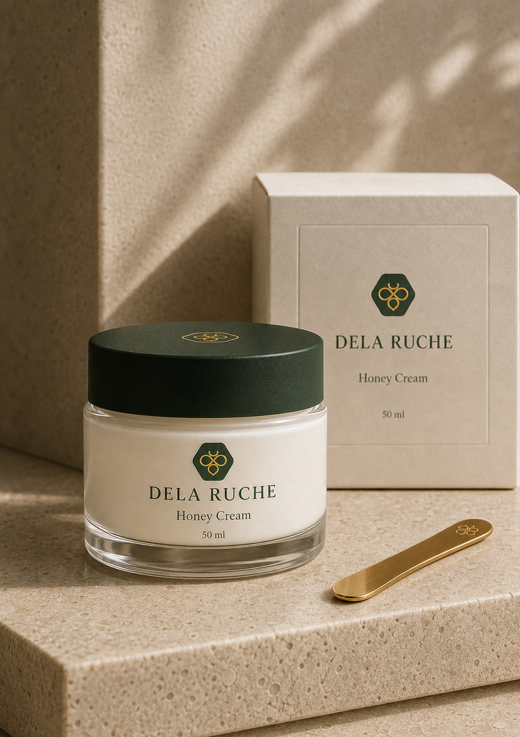 DELA RUCHE Honey Cream jar and carton side view on warm stone