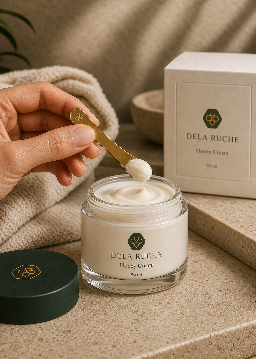 DELA RUCHE Honey Cream open jar with gold spatula detail