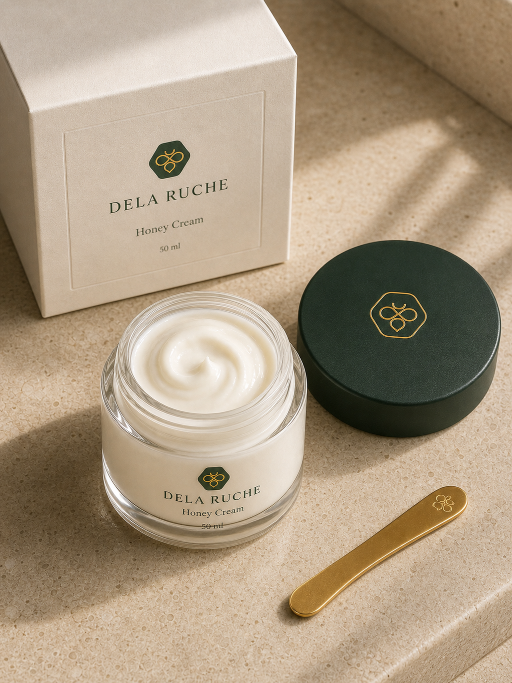 DELA RUCHE Honey Cream open jar top view with carton and spatula