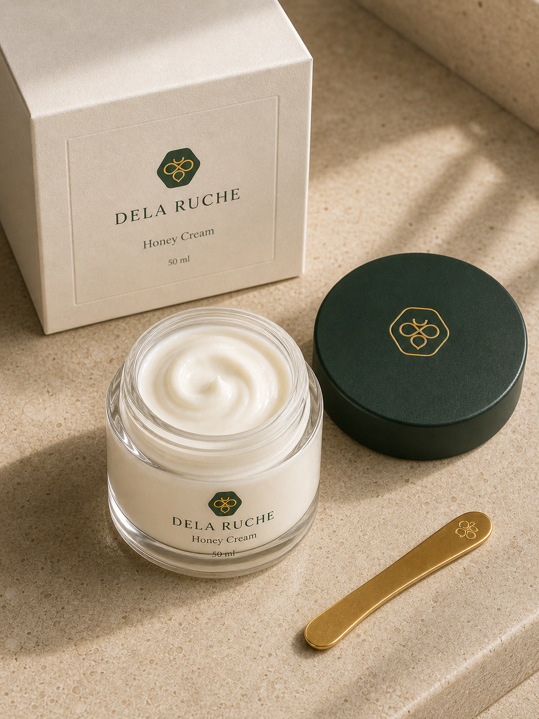 DELA RUCHE Honey Cream open jar top view with carton and spatula