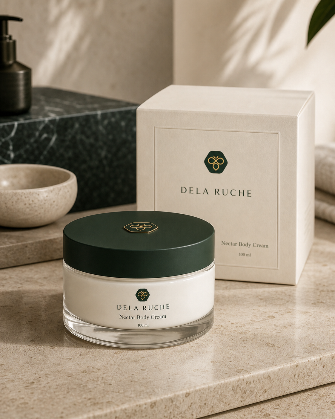 DELA RUCHE The Nectar Body Creme in 100ml Crystal Chorus style jar with ivory carton