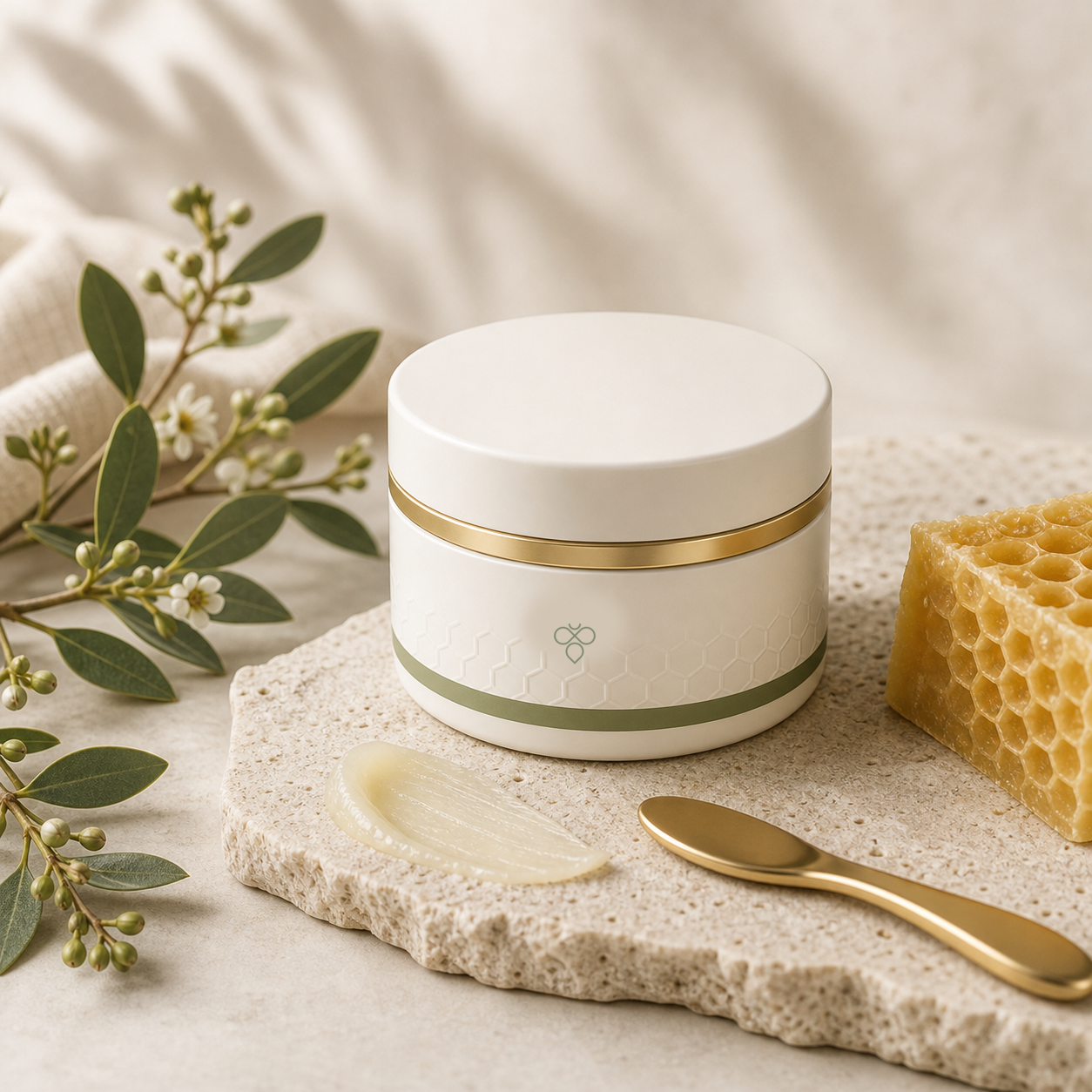 Ivory Honey Cream jar with sage green and gold accents on warm stone