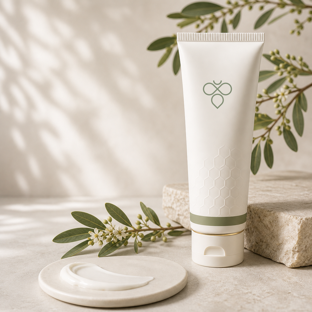 Tall ivory Nectar Body Cream tube with sage green and gold accents