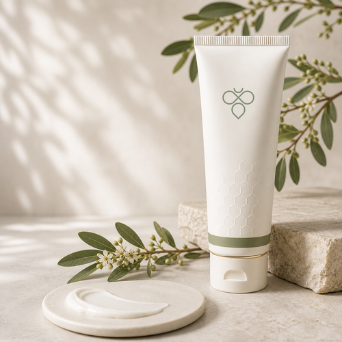 Tall ivory Nectar Body Cream tube with sage green and gold accents